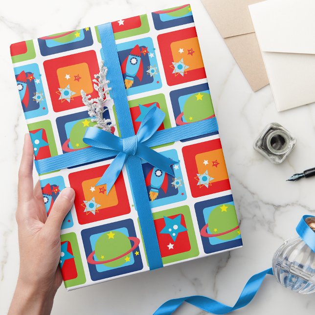 Cadeau Papier d'enveloppement de roquette et de planètes  (Outer Space Rocket & Planet Wrapping Paper in Orange, Green, Red and Blue)
