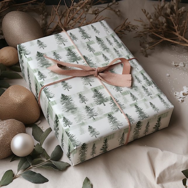 Cadeau Papier d'enveloppement des pins d'aquarelle vert S (Créateur téléchargé)