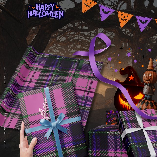 Cadeau Papier d'enveloppement d'Halloween à plis violet e (Purple & Pink Plaid Halloween Wrapping Paper)