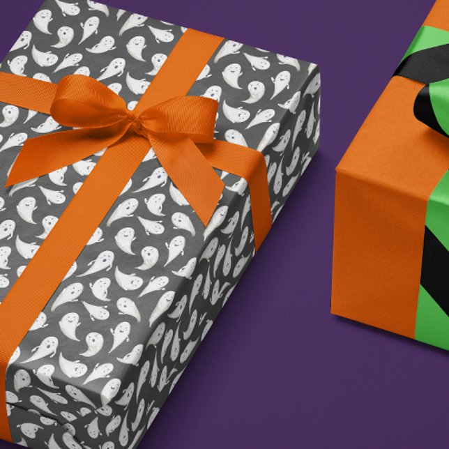 Cadeau Papier d'enveloppement d'Halloween pour Fantômes m (cute friendly ghosts patterned charcoal gray black gift wrapping paper for Halloween)