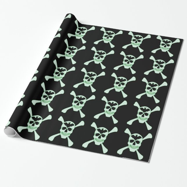 Cadeau Papier D'Enveloppement Du Crâne Vert Et Des Traver (Déroulé)