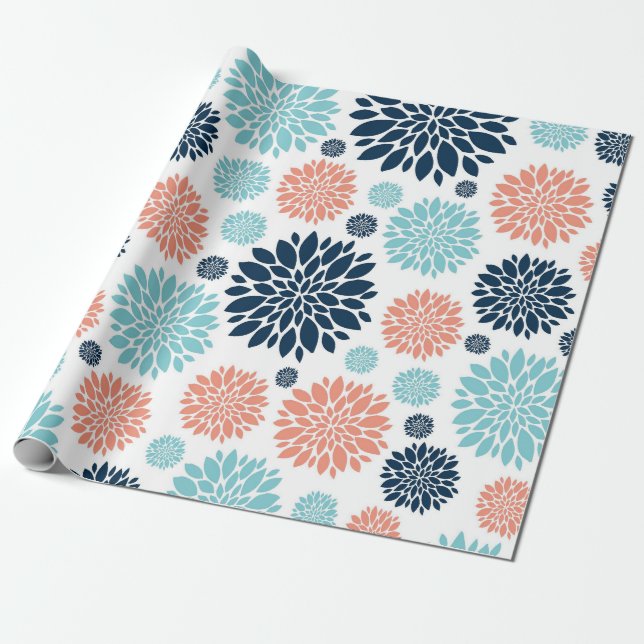 Cadeau Papier d'enveloppement floral bleu et corail (Déroulé)