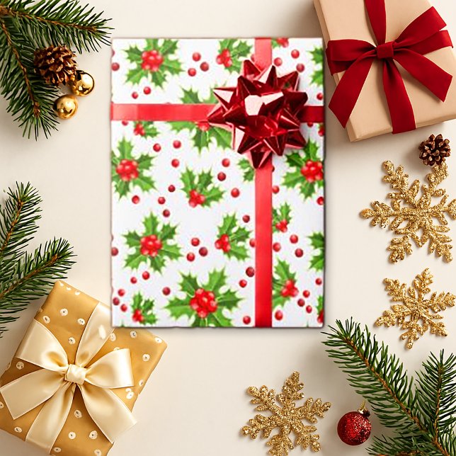 Cadeau Papier d'enveloppement floral classique Red Holly (Créateur téléchargé)