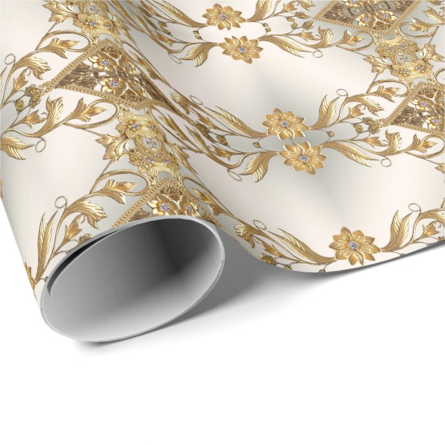 Cadeau Papier d'enveloppement Floral Feuille Golden Wavy (Coin rond)