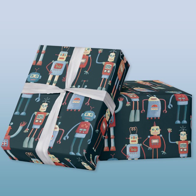 Cadeau Papier d'enveloppement pour robots Vintages des an (Retro robot wrapping paper)