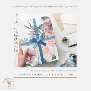 Cadeau Papier d'enveloppement rose et bleu à motifs flora