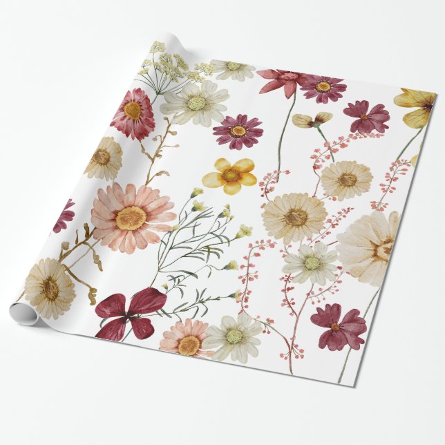 Cadeau Papier d'enveloppement Rustique Fleur sauvage aqua (Déroulé)