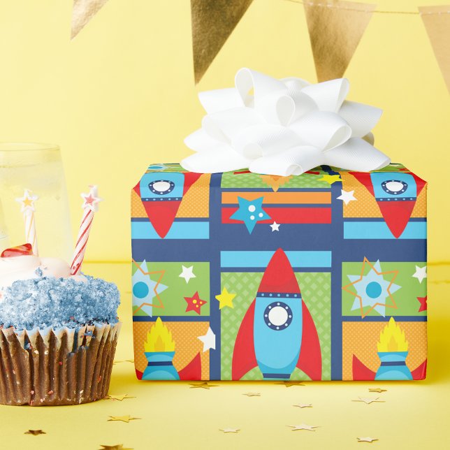 Cadeau Papier d'enveloppement spatial de fusées (Blue and Red Rocket Spaceship Outer Space Wrapping Paper)