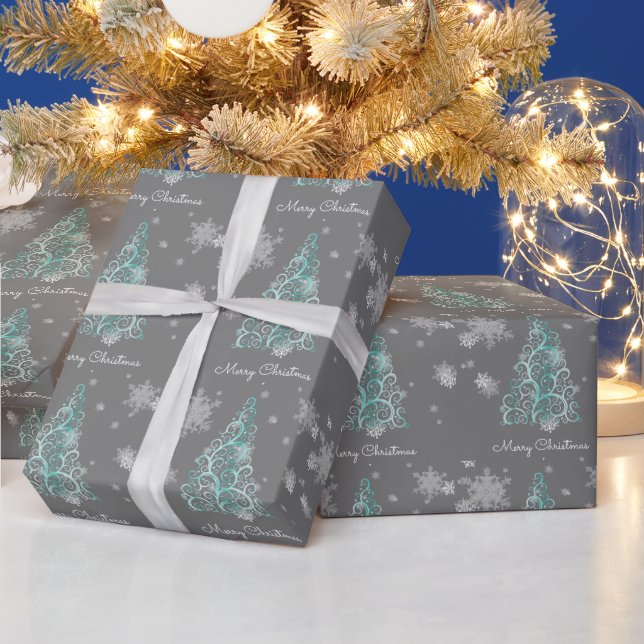 Cadeau Papier d'enveloppement turquoise sapin de Noël et  (Vacances)