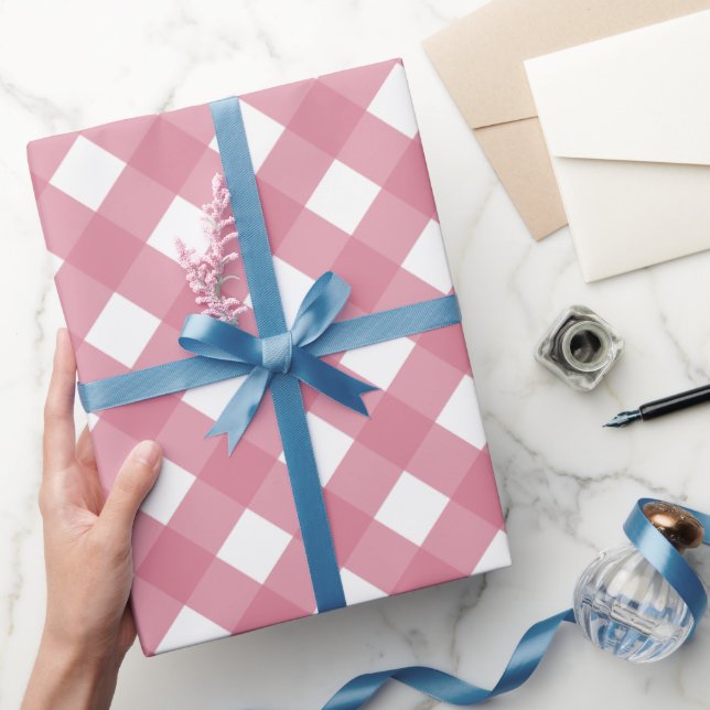 Cadeau Papier diagonal rose et blanc à carreaux de bison (Cadeaux)