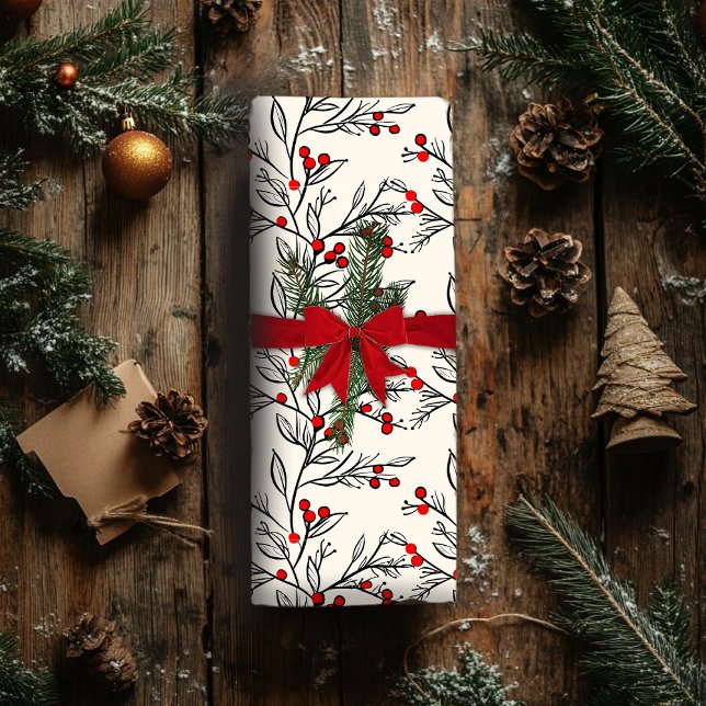 Cadeau Papier Enveloppant Noël Avec Baies D'Hiver Rouges (Créateur téléchargé)