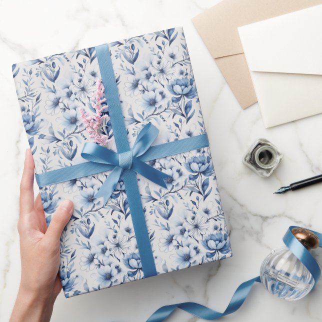 Cadeau Papier Floral Bleu Blanc Mariage Bébé Shower Fête (Cadeaux)