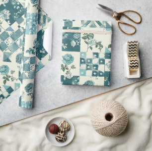 Cadeau Papier floral Cottagecore Gingham sarcelle