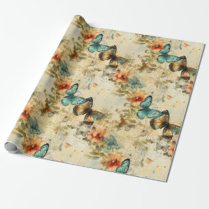 Cadeau Papier Floral Papillon Orange Sarcelle Antique