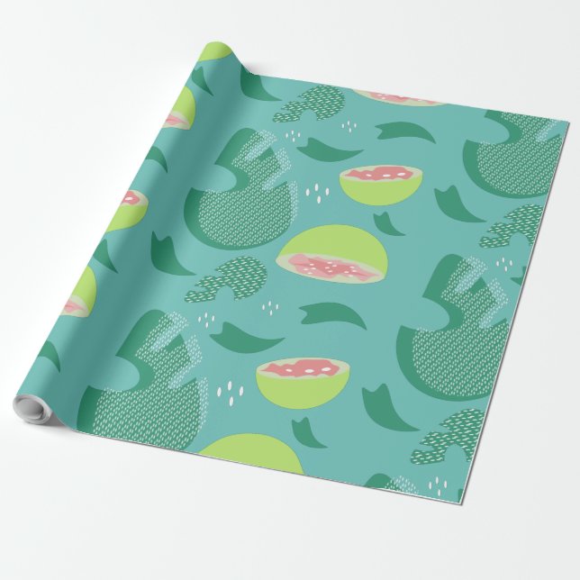 Cadeau Papier Guave Tropicale et Feuillage Rose Turquoise (Déroulé)