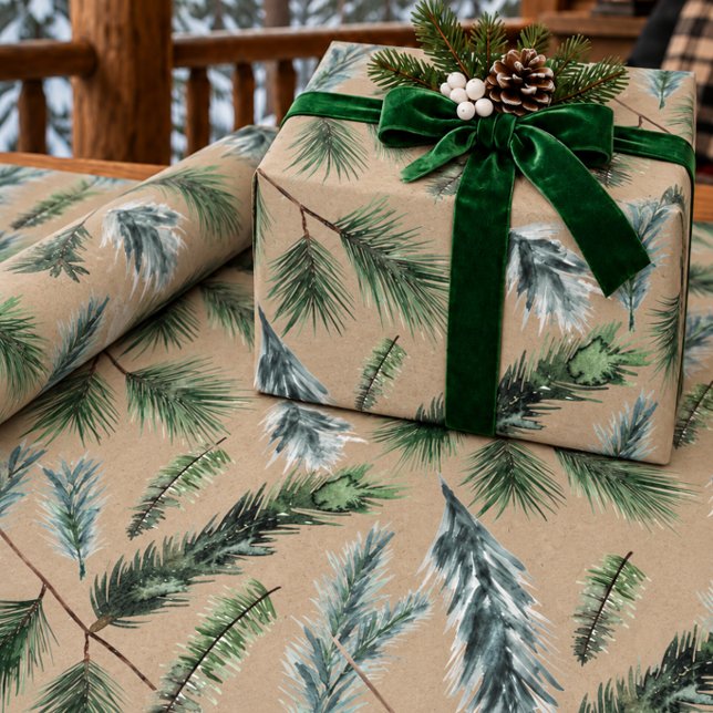 Cadeau Papier Kraft Rustique Épicéa Blanc, Vert & Bleu (Créateur téléchargé)