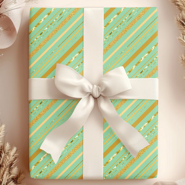 Cadeau Papier Luxe Rayure Vert Menthe & Or (Créateur téléchargé)