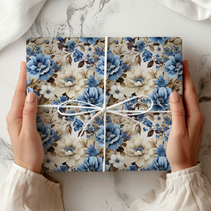 Cadeau Papier Luxueux Fleurs d'Ivoire Bleu Sophistiqué