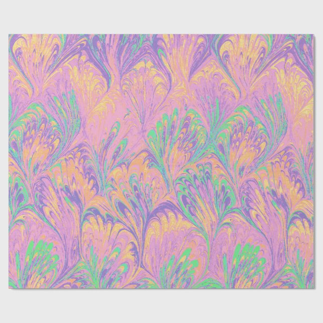 CADEAU PAPIER MARBRÉ, MOTIF DE PAON ABSTRAIT ROSE VERT (Plat)