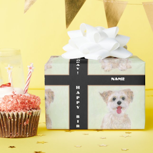 Cadeau Papier Morkie Dog Enveloppé Sur Noir Avec Texte (Fête d'anniversaire)