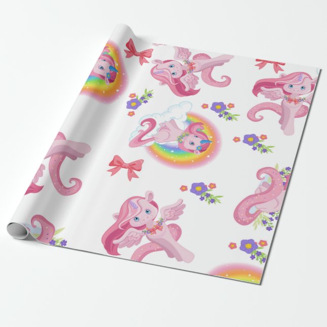Cadeau Papier Motif arc-en-ciel rose pour fille Unicorne (Déroulé)