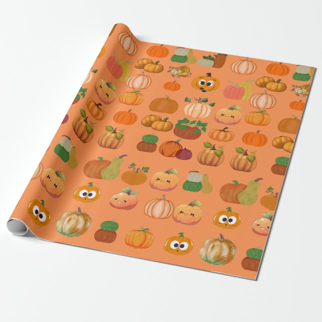 Cadeau Papier Motif Citrouille orange mignon (Déroulé)