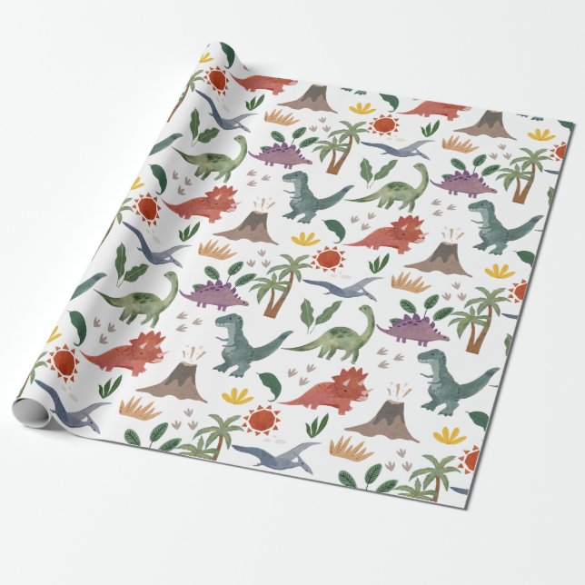 Cadeau Papier Motif Dinosaure Aquarelle Cute (Déroulé)