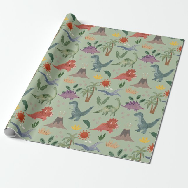Cadeau Papier Motif Dinosaure Aquarelle Cute (Déroulé)