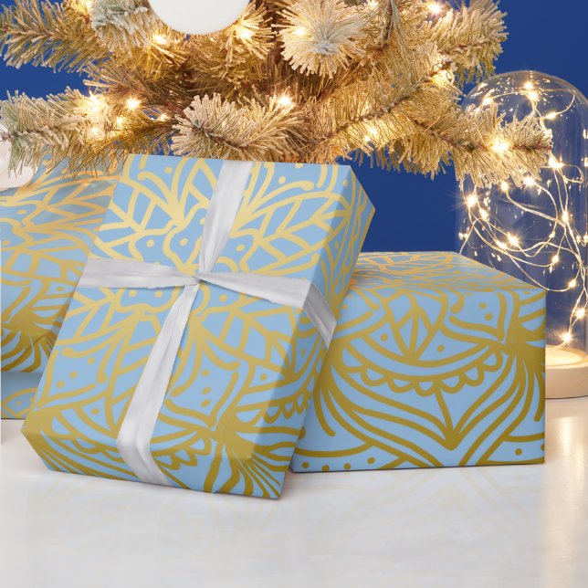 Cadeau Papier Motif Mandala bleu clair et or (Vacances)