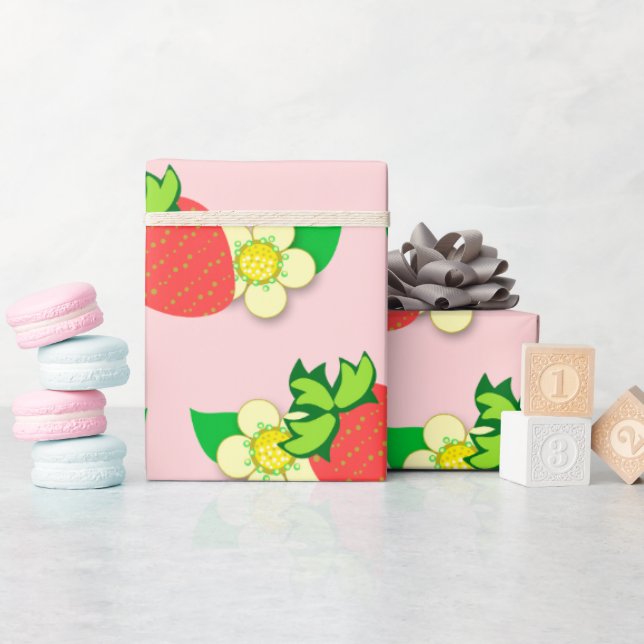 Cadeau Papier papier d'emballage rose fraise et fleur (Baby Shower)