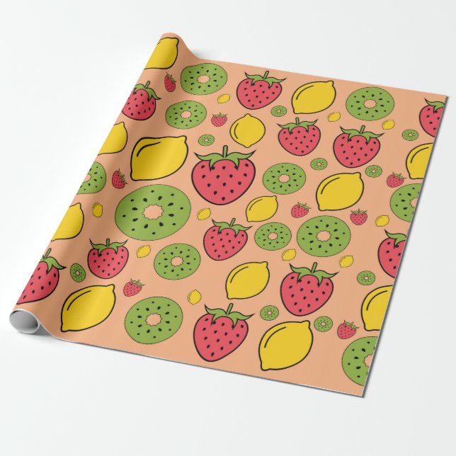 Cadeau Papier peint fraise, citron et kiwi (Déroulé)