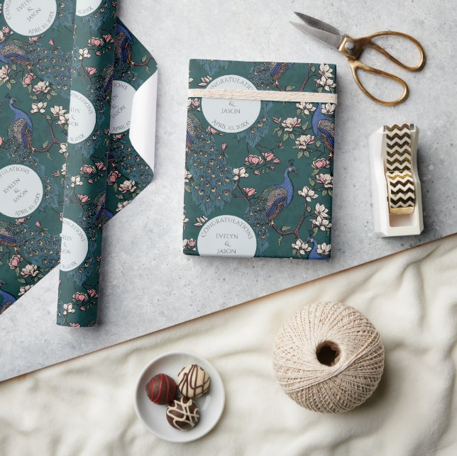 Cadeau Papier peint mariage paon et fleurs sarcelle botan (Artisanat)