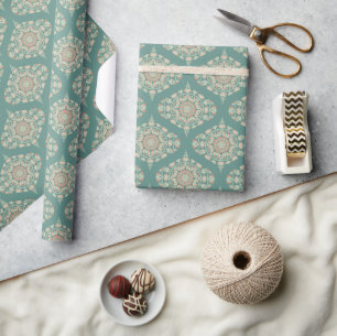 Cadeau Papier rétro sage et sable orné mandala ogee damas