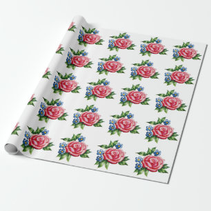 Cadeau Papier Rose vintage Et Fleurs Bleues