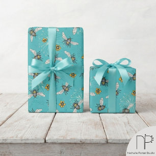 Cadeau Papier Turquoise Emballage Abeille à Miel Printemp