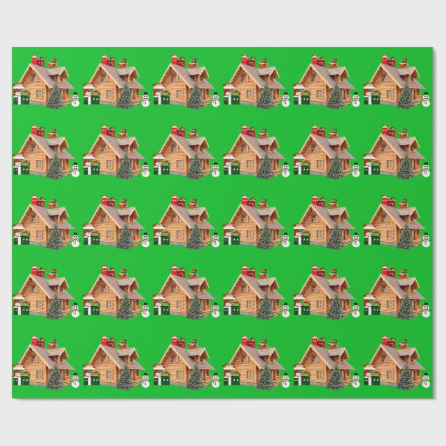Cadeau Papier vert Cabine de Noël (Plat)