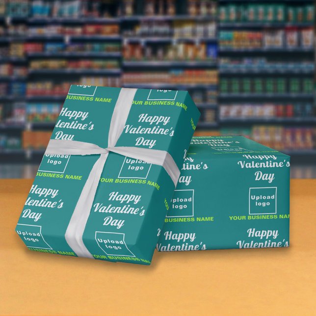 Cadeau Papier vert Turquoise Valentine Business (Business name and logo with Happy Valentine's Day greeting on teal green wrapping paper in store.)