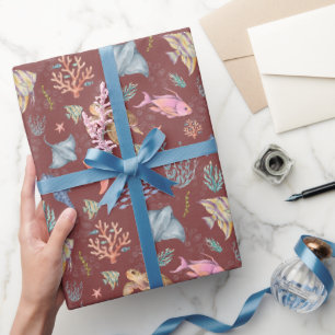 Cadeau Papier Vie Océan Aquarelle Sangria Grise Texturée