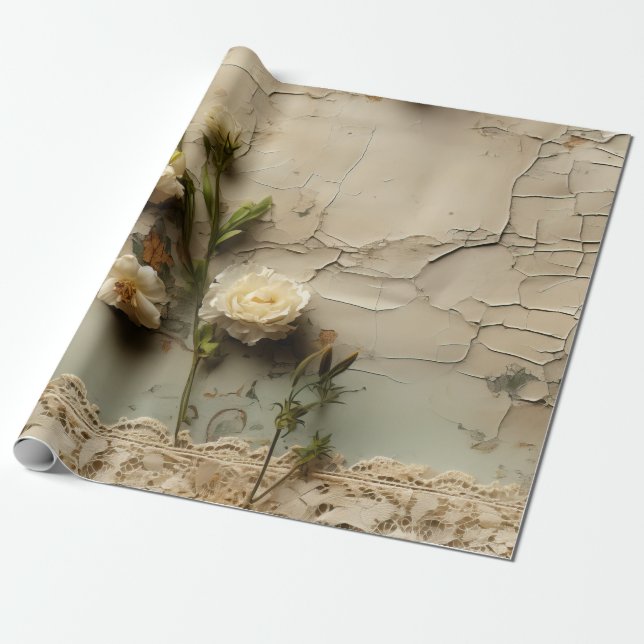 Cadeau Papier vieilli avec motif de fleurs rustiques blan (Déroulé)