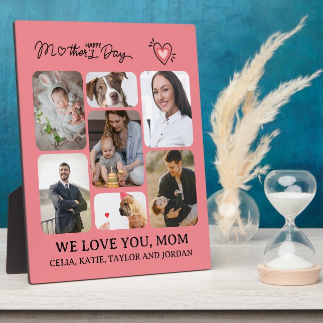 Cadeau personnalisé en bois de la plaque photo pou (Personalized Mom's Day Gift: 7-Photo Collage Pink Plaque with Easel)