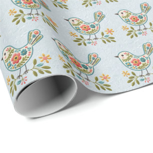 Cadeau Petit Oiseau Bleu Fleurs Roses Envelopper Papier