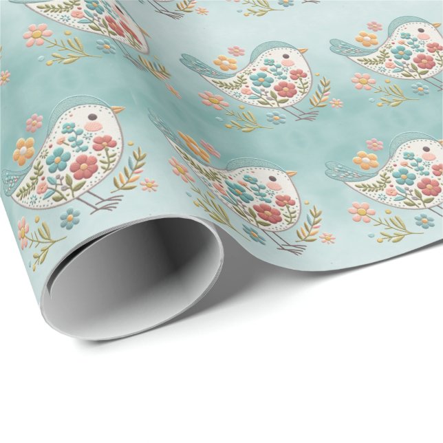 Cadeau Petit Oiseau Bleu Fleurs Roses Envelopper Papier (Coin rond)