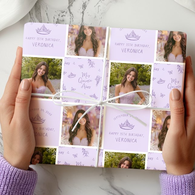 Cadeau Photo personnalisée Papier d'emballage Quinceanera (Personalized 2-Photo Wrapping Paper)
