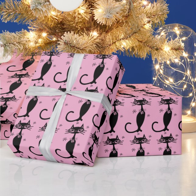 CADEAU PINK RETRO CHAT NOIR PAPIER D'ANNIVERSAIRE D'ANNIV (Vacances)