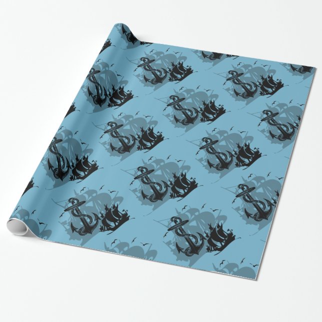 Cadeau Pirate Ship & Ancres Black Silhouette Papier 2 (Déroulé)