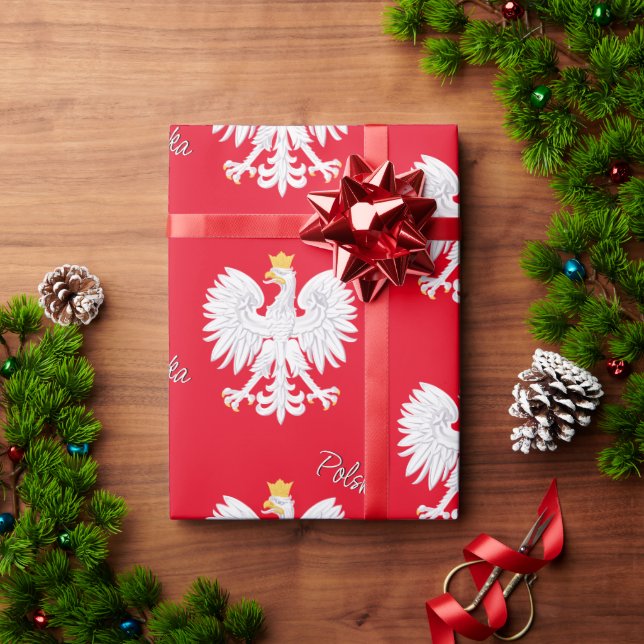 Cadeau Pologne Papier rouge à envelopper, Aigle polonais, (Cadeau de vacances)