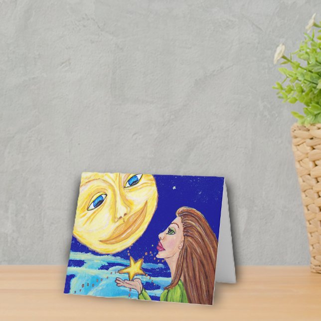 Cadeau pour le Carte pour notes de la Lune (Woman holding golden star under full moon smiling face night sky clouds on notecards.)