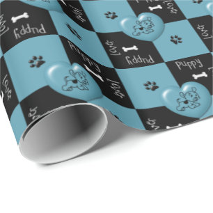 Cadeau Puppy Lover Checks Blue 02-GIFT WRAPPING PAPIER