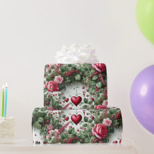 Cadeau Rose et Coeurs Valentines papier d'enveloppement d