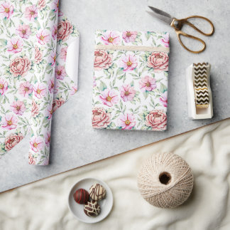 Cadeau Rose Pâle Pivoine & Fleurs Sauvages Papier d'Embal